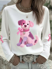 Women's Pink Dog Pink Ribbon Breast Cancer Awareness Support Long-Sleeve T-shirt