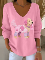 Women's Pink Dog Pink Ribbon Breast Cancer Awareness Support Long-Sleeve Top