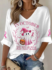 Women's In October We Wear Pink Halloween Pink Ghost Breast Cancer Awareness Support  Long Sleeve Top