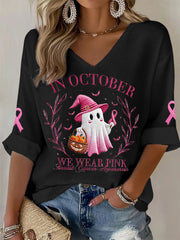 Women's In October We Wear Pink Halloween Pink Ghost Breast Cancer Awareness Support  Long Sleeve Top