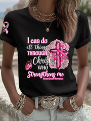 Women's Breast Cancer Awareness Pink Ribbon Faith Cross Short Sleeve  T-shirt