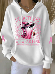 Women's In October We Wear Pink Halloween Pink Ghost Print Breast Cancer Awareness Hoodie