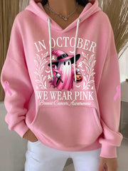 Women's In October We Wear Pink Halloween Pink Ghost Print Breast Cancer Awareness Hoodie