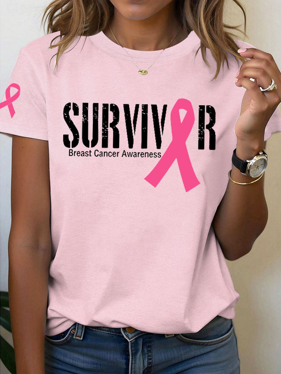 Women's Breast Cancer Awareness Survivor Print T-Shirt