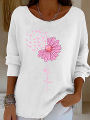 Women's Pink Ribbon Sunflower Faith Print Breast Cancer Awareness Support Long Sleeve Top