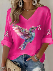Women's Breast Cancer Hummingbird Print Casual T-shirt