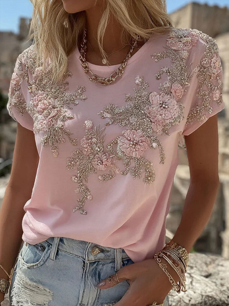 Women's Pink Floral Print Casual T-shirt