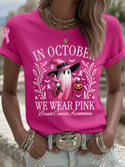 Women's In October We Wear Pink Halloween Pink Ghost Print Breast Cancer Awareness Support Tee