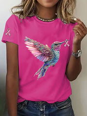 Women's Breast Cancer Awareness Hummingbird Print Casual T-Shirt