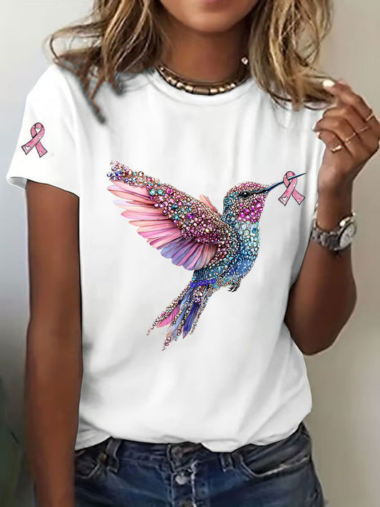 Women's Breast Cancer Awareness Hummingbird Print Casual T-Shirt