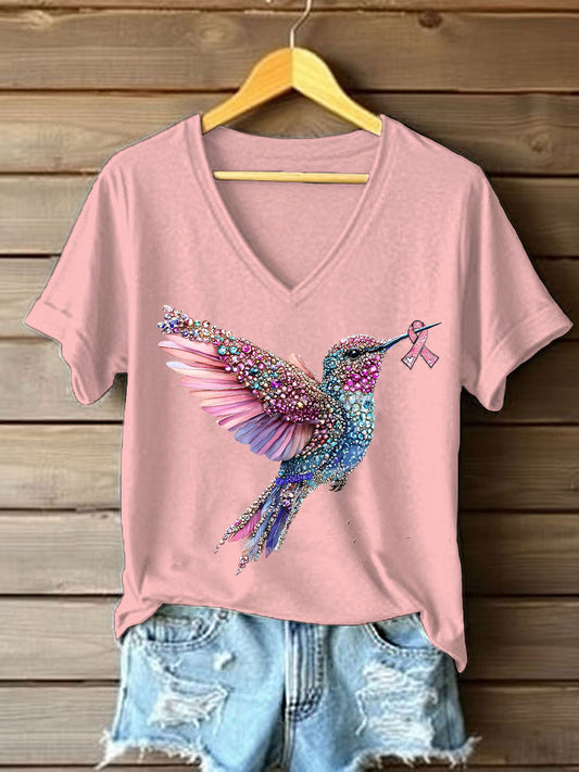 Women's Pink Hummingbird Print Casual T-shirt