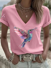 Women's Pink Ribbon Print Casual V-Neck T-Shirt