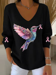 Women's Breast Cancer Awareness Hummingbird Print Casual Top