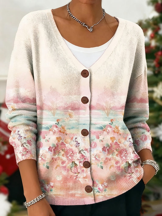 Women's Pink Floral Art Print Cardigan