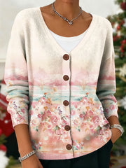 Women's Pink Floral Art Print Cardigan