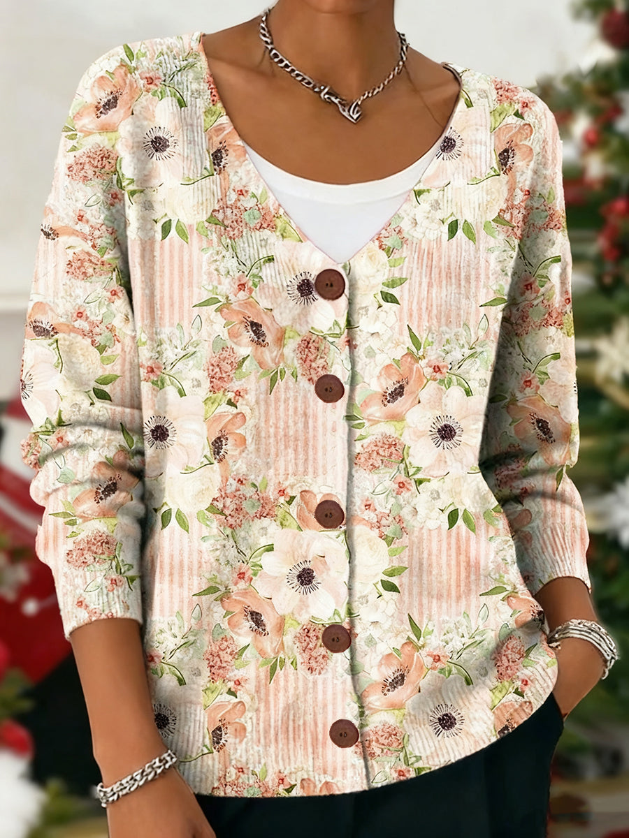 Women's Pink Floral Art Print Cardigan