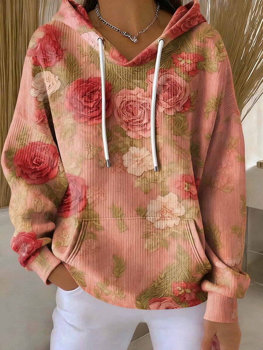 Women's Pink Floral Art Print Hoodie