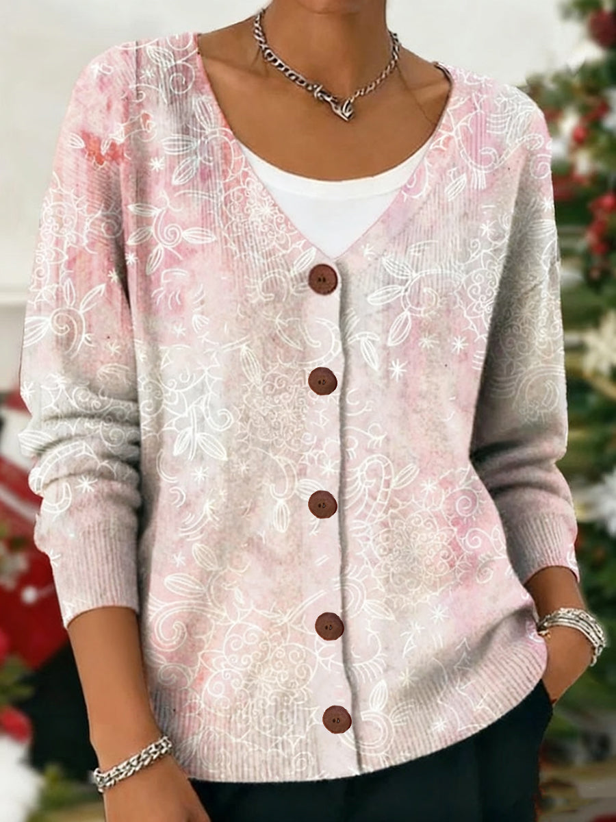 Women's Pink Floral Art Print Cardigan