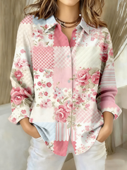 Women's Pink Floral Patchwork Art Print shirts
