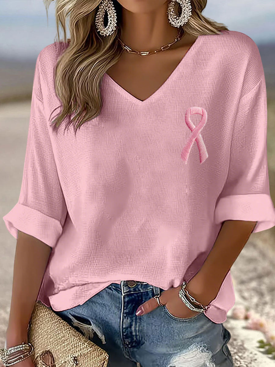 Women's Breast Cancer Awareness Pink Ribbon V-Neck Tops