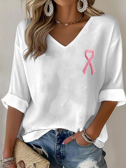 Women's Breast Cancer Awareness Pink Ribbon V-Neck Tops
