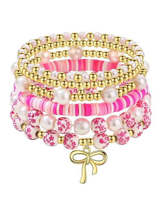 Women's Breast Cancer Porcelain Blue and Pink Ribbon Bracelet Set (Set of 6)