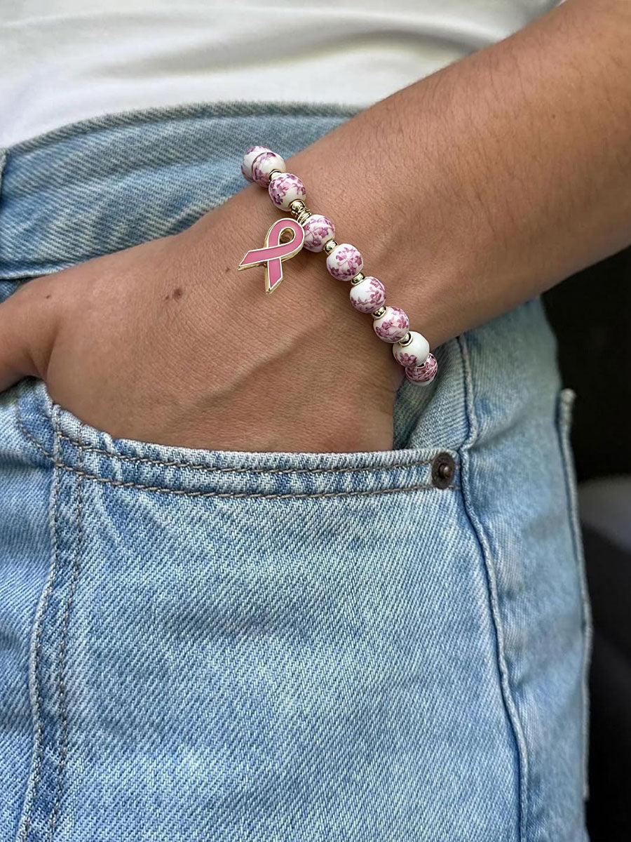 Women's Breast Cancer Blue and White Porcelain Pink Ribbon Bracelet