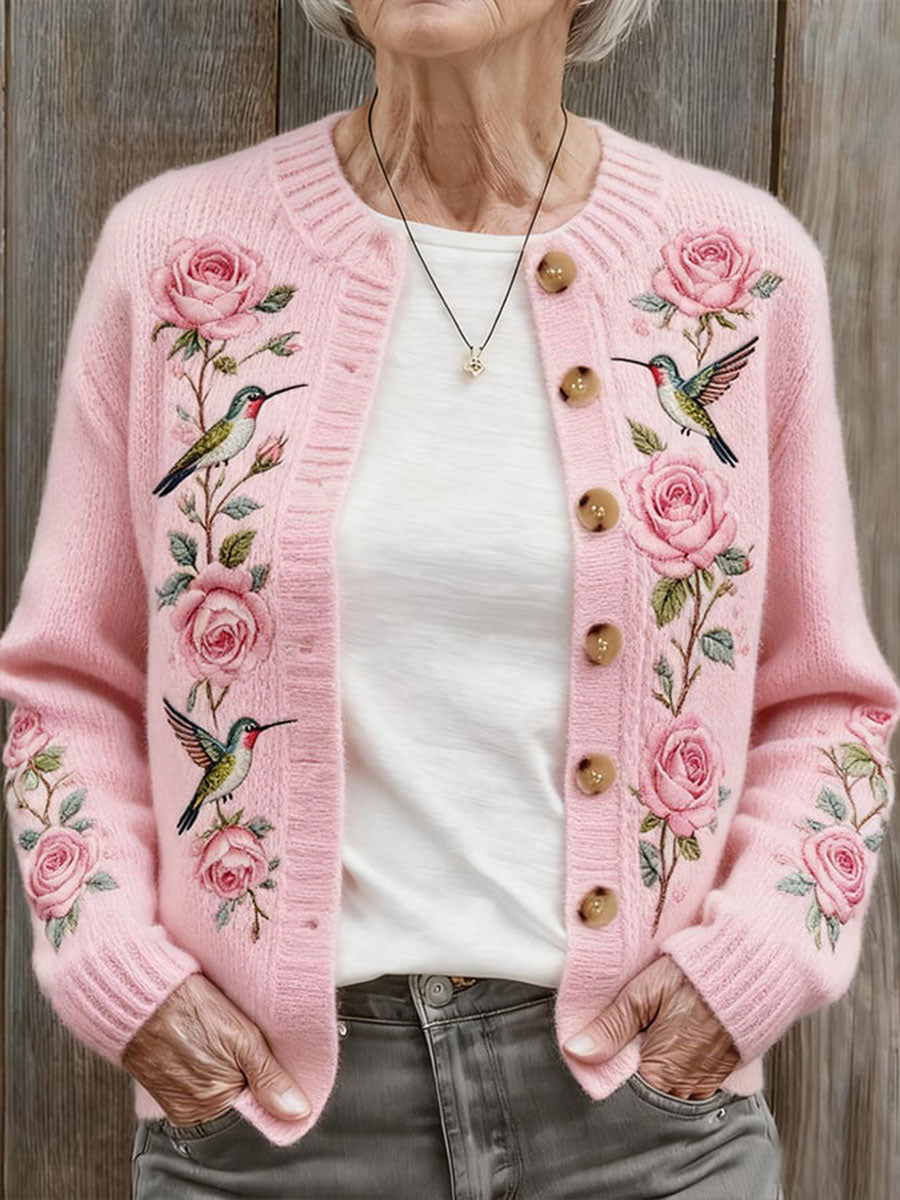 Women's Autumn And Winter Pink Hummingbird Floral Comfortable Warm Sweater Cardigan