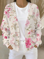 Women's Pink Floral Print Pocket Cardigan
