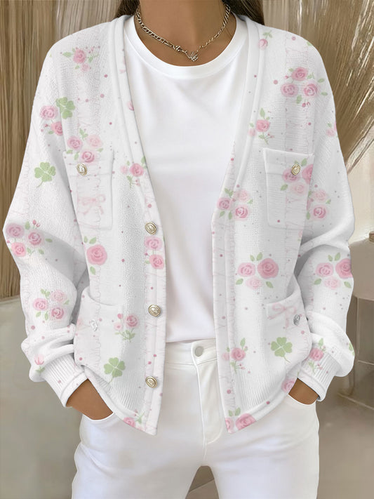 Women's Pink Floral Print Pocket Cardigan