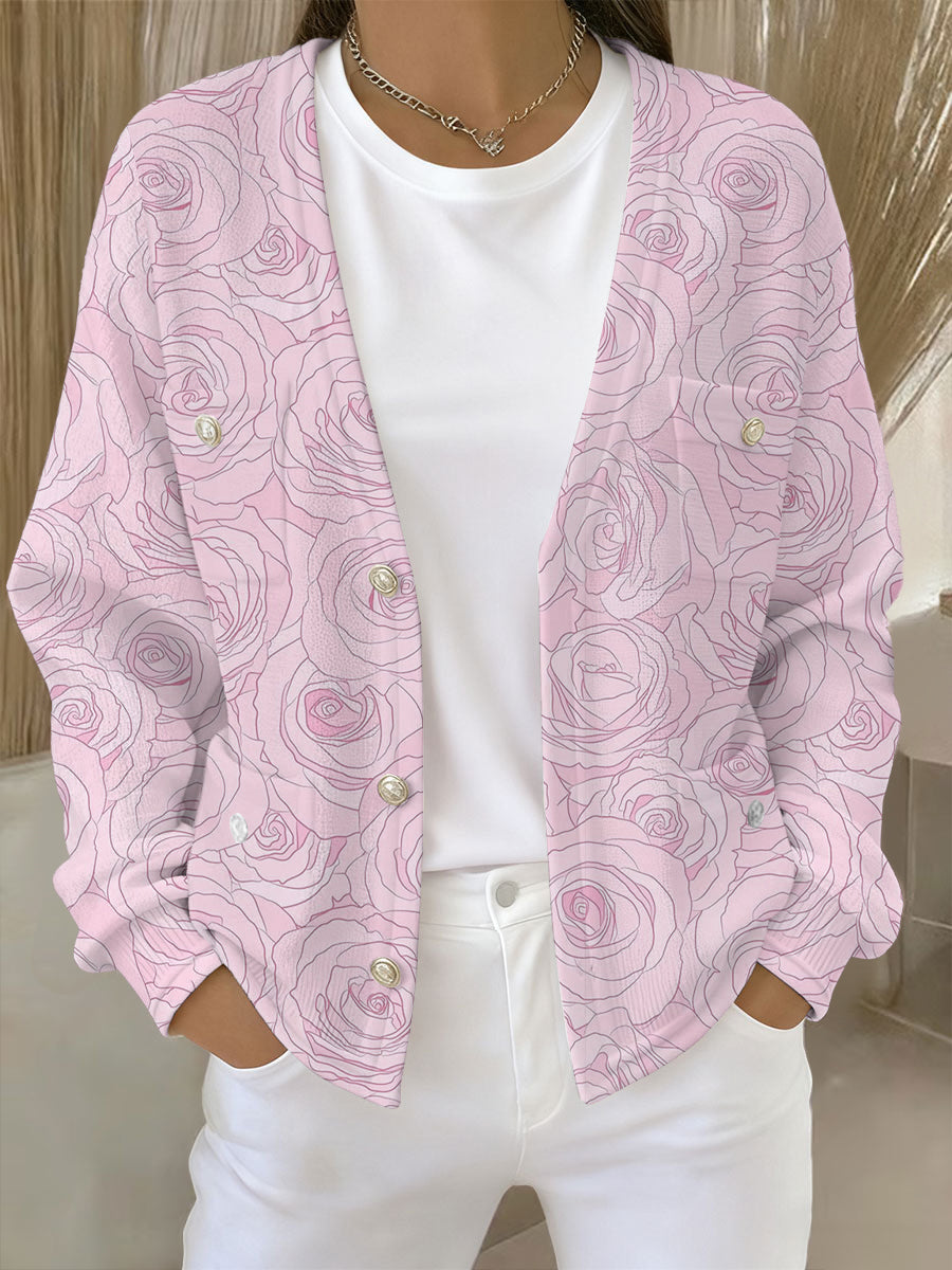 Women's Pink Floral Print Pocket Cardigan