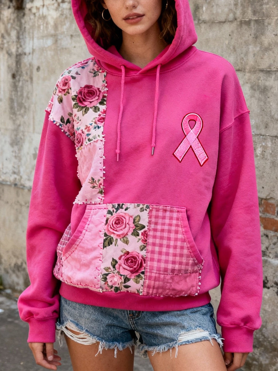 Women's Pink Ribbon & Floral Patchwork Art Hoodie
