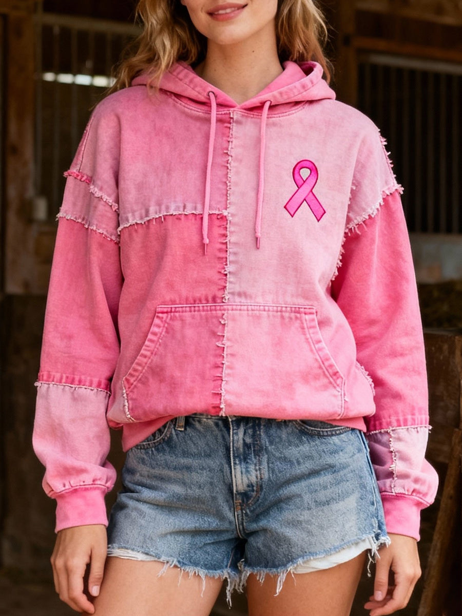 Women's Pink Ribbon Embroidered Patchwork Hoodie