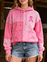 Women's Pink Ribbon Embroidered Patchwork Hoodie