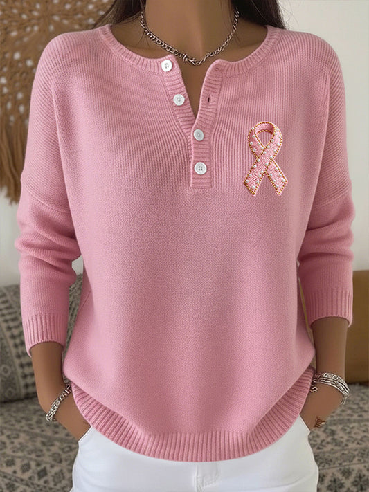 Women's Pink Ribbon Print Casual Top