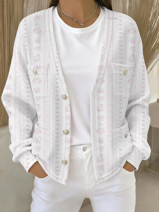 Women's Pink Floral Print Pocket Cardigan