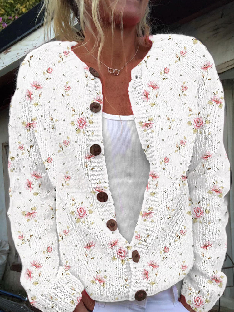Women's Pink Floral Print Cardigan-Style Knit Jacket