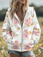 Women's Breast Cancer Flowers Print Zip-Up Hoodie