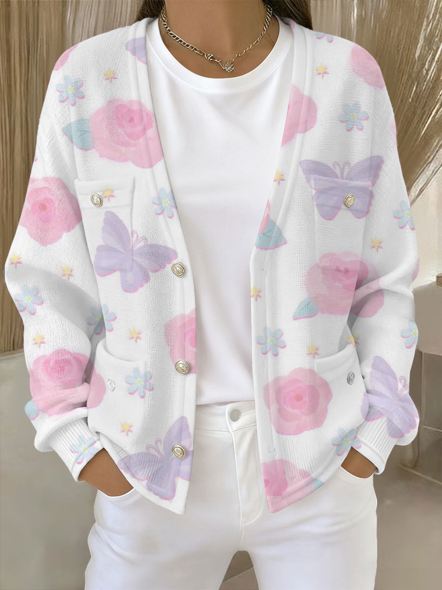 Women's Pink Floral Print Pocket Cardigan