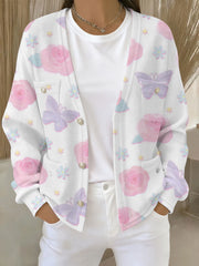 Women's Pink Floral Print Pocket Cardigan