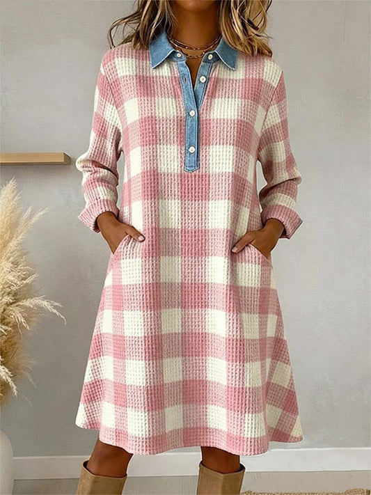 Women's Pink Plaid Pattern Patchwork Art Dress