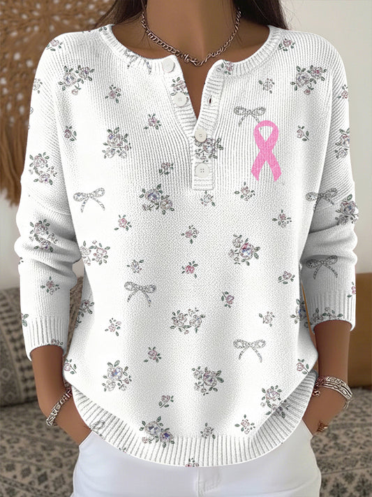 Women's Breast Cancer Pink Floral Print Knit Top