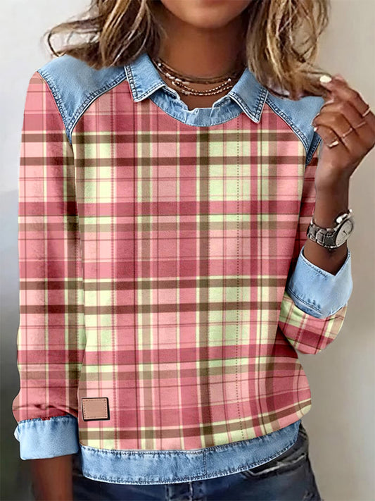Women's Pink Plaid Pattern Patchwork Art Sweatshirt
