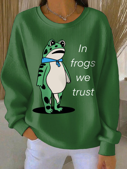 Women's In Frogs We Trust Polish Frog Print Ribbed Round-Neck Sweatshirt