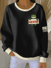 Women's FDT Polish Frog Print Ribbed Round-Neck Sweatshirt