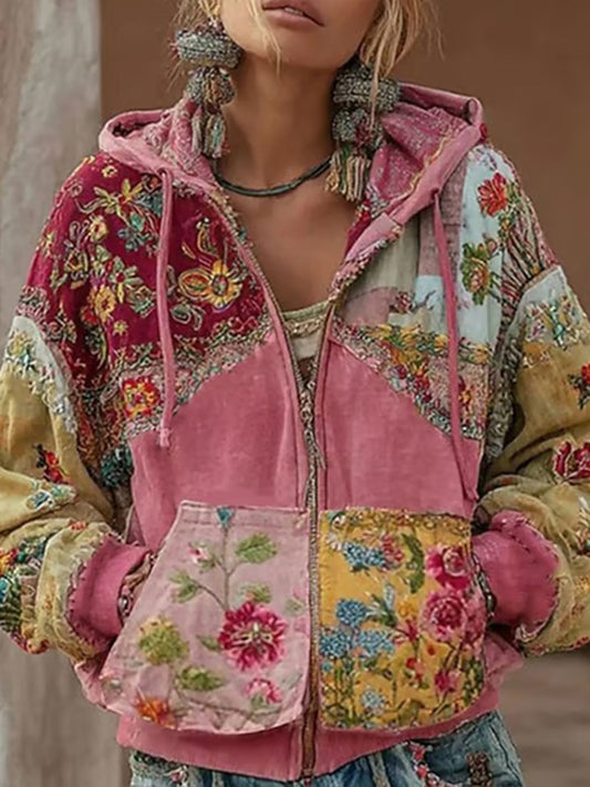 Women's Pink Floral Print Casual Zip-Up Top