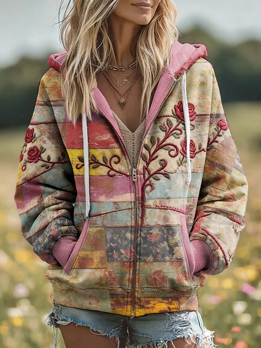 Women's Boho Breast Cancer Awareness Floral Art Printed Coat