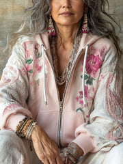 Women's Boho Breast Cancer Awareness Floral Art Printed Coat
