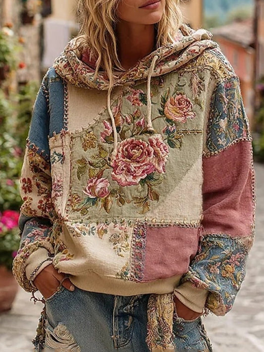 Women's Pink Floral Print Casual Hoodie