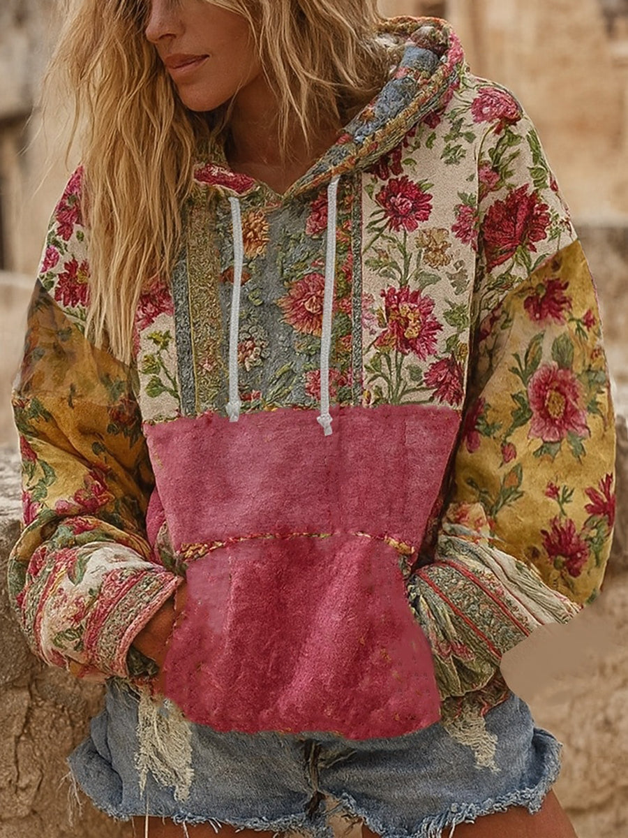 Women's Pink Floral Print Casual Hoodie